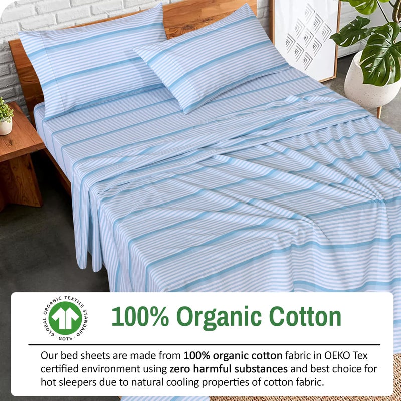 RUVANTI 100% Organic Cotton Sheets King Size, Percale Weave, GOTS Certified, 4-Piece Set, Deep Pocket 15", Crisp & Breathable, Soft Durable Bedding, SÃ¡banas AlgodÃ³n OrgÃ¡nico â€“ Nautical Stripes - Image 3
