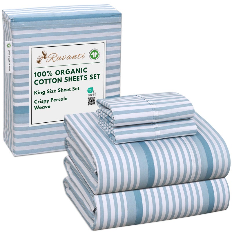 RUVANTI 100% Organic Cotton Sheets King Size, Percale Weave, GOTS Certified, 4-Piece Set, Deep Pocket 15", Crisp & Breathable, Soft Durable Bedding, SÃ¡banas AlgodÃ³n OrgÃ¡nico â€“ Nautical Stripes - Image 1