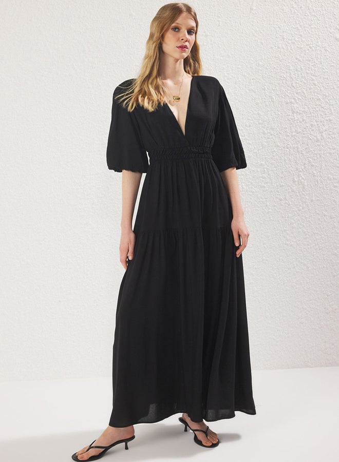 trendyol Black Waist Opening VNeck Maxi Woven Dress - Image 2
