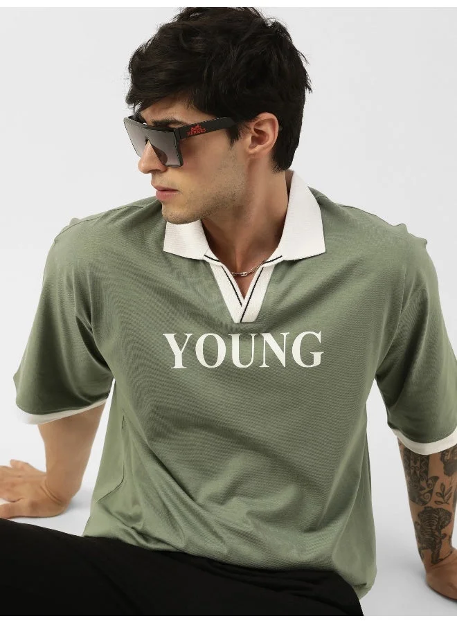 Maniac Maniac Mens Printed Polo Neck Half Sleeve Light Green and White Cotton Slim Fit T-Shirt