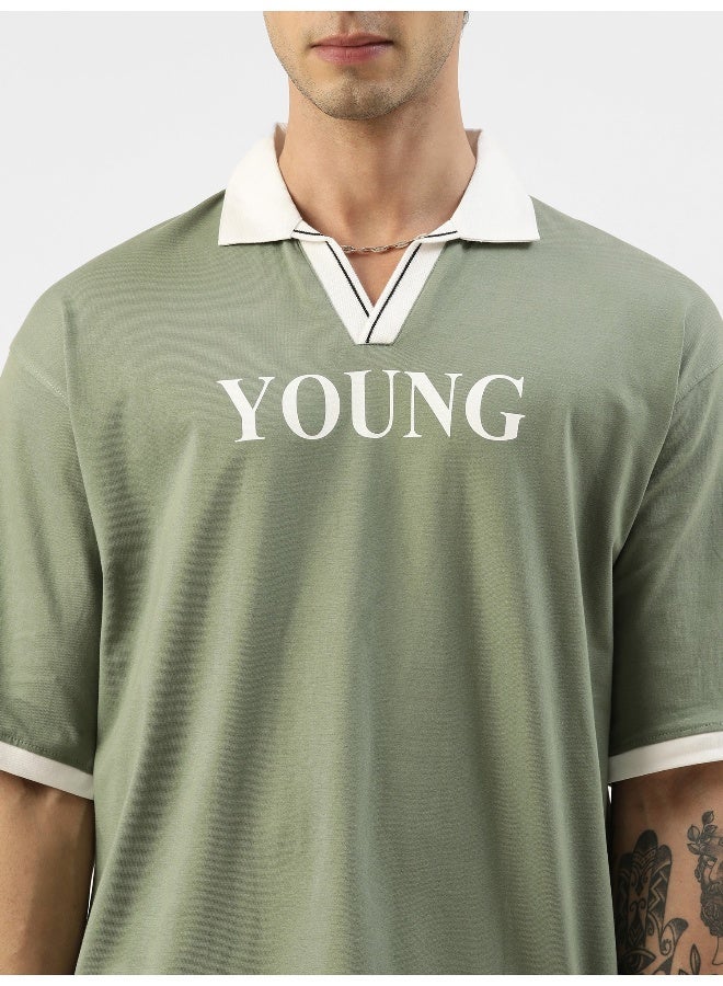 Maniac Mens Printed Polo Neck Half Sleeve Light Green and White Cotton Slim Fit T-Shirt - Image 4
