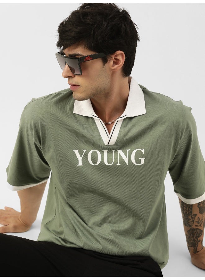 Maniac Mens Printed Polo Neck Half Sleeve Light Green and White Cotton Slim Fit T-Shirt - Image 2