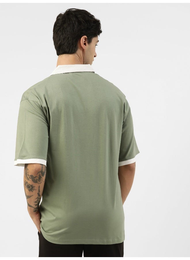 Maniac Mens Printed Polo Neck Half Sleeve Light Green and White Cotton Slim Fit T-Shirt - Image 5