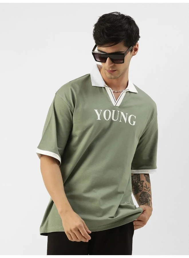Maniac Maniac Mens Printed Polo Neck Half Sleeve Light Green and White Cotton Slim Fit T-Shirt