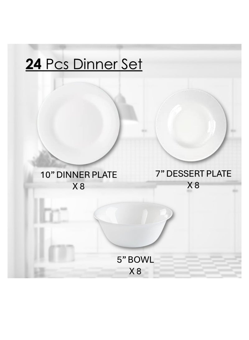 Houzi طقم عشاء هوزي 24 قطعة من الخزف الأوبال 8 أطباق عشاء 8 أطباق حلوى 8 سلطانيات آمن في غسالة الصحون والميكروويف والفريزر خالي من BPA مقاوم للحرارة - Image 2