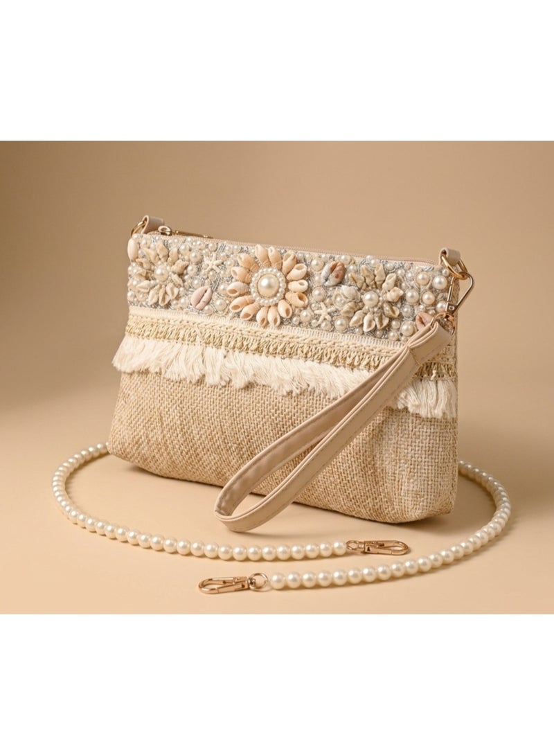 Elegant women's handbag decorated with pearls and shells - Image 1