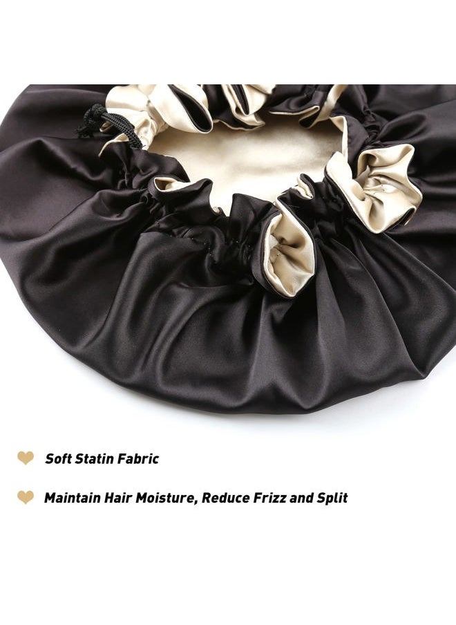 sent hair - Baby Satin Bonnet Sleeping Cap, Adjustable Kids Sleep Bonnet with Drawstring, Double Layer Night Hair Caps for 0-3 Years Old Kids/Child/Baby/Toddler (Black/Champagne) - Image 1