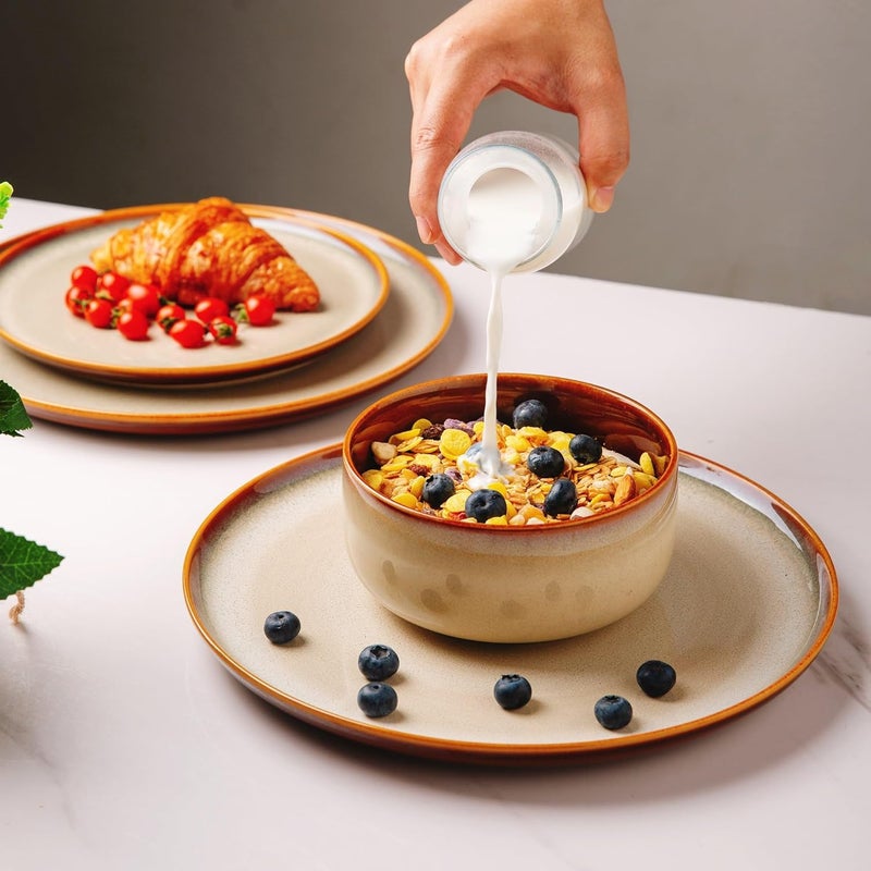 LeRatio Ceramic Dinnerware Sets for 412Piece Plates and BowlsHandmade Reactive Glaze Dishes SetChip Resistant and Scratch Resistant  Oven Dishwasher  Microwave SafeService for 4Kahki - Image 4