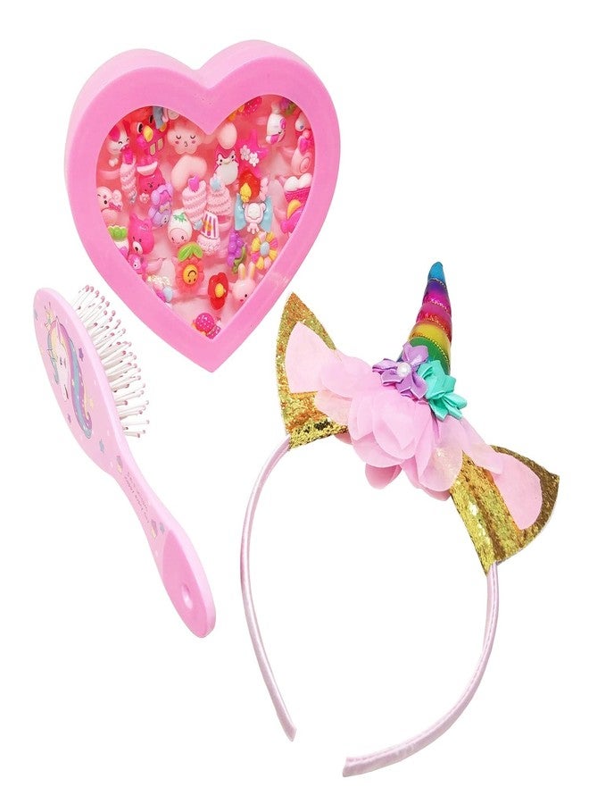4AJ BAZAAR Cute Unicorn Theme Combo Pack of 3 Items 1 Finger Rings Box(36Rings), 1 Unicorn Comb, and 1 Unicorn Hairband for Girl Kids - Image 1