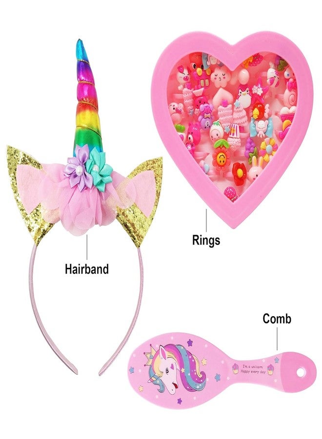 4AJ BAZAAR Cute Unicorn Theme Combo Pack of 3 Items 1 Finger Rings Box(36Rings), 1 Unicorn Comb, and 1 Unicorn Hairband for Girl Kids - Image 2