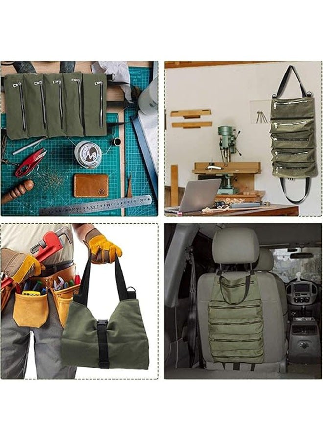 Roll-up kit, canvas wrench roll bag, tool bag roll bag, 5 zippered kits, multi-tool bag organization, multi-tool kit (green) - Image 4