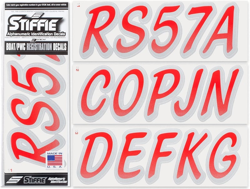 Stiffie Whipline Red/Silver 3" Boat & PWC Registration Decals • Numbers Letters Stickers - Image 1