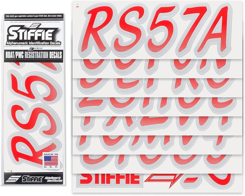 Stiffie Whipline Red/Silver 3" Boat & PWC Registration Decals • Numbers Letters Stickers - Image 2
