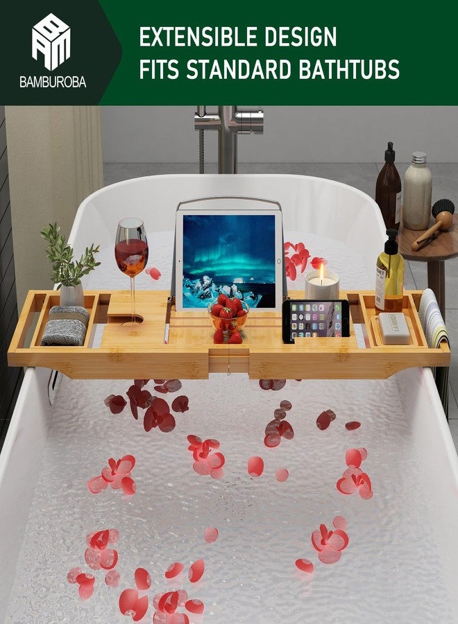 BAMBUROBA Bamboo Bathtub Caddy Tray Expandable for Luxury Bath, Bath Accessories & Table with Wine Glass Holder, Book Stand Bathroom Organizer with Extending Sides for Men/Women,Natural - Image 3