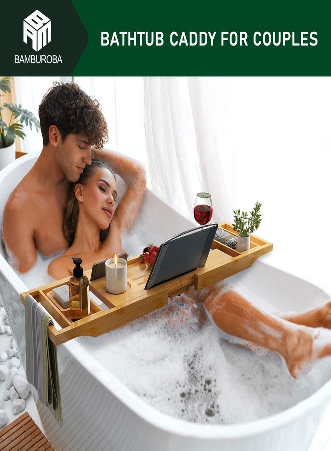 BAMBUROBA Bamboo Bathtub Caddy Tray Expandable for Luxury Bath, Bath Accessories & Table with Wine Glass Holder, Book Stand Bathroom Organizer with Extending Sides for Men/Women,Natural - Image 2