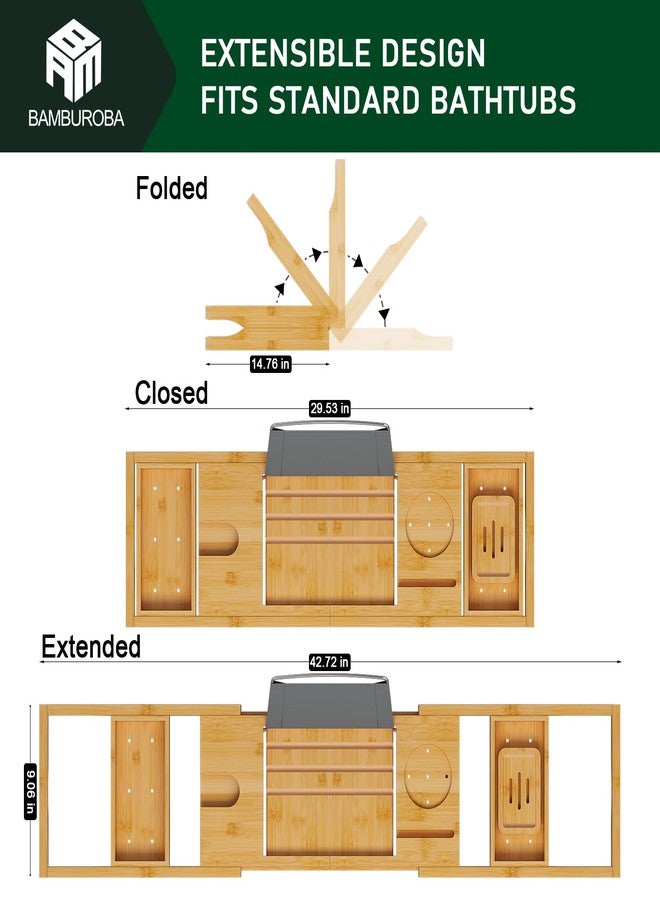 BAMBUROBA Bamboo Bathtub Caddy Tray Expandable for Luxury Bath, Bath Accessories & Table with Wine Glass Holder, Book Stand Bathroom Organizer with Extending Sides for Men/Women,Natural - Image 4