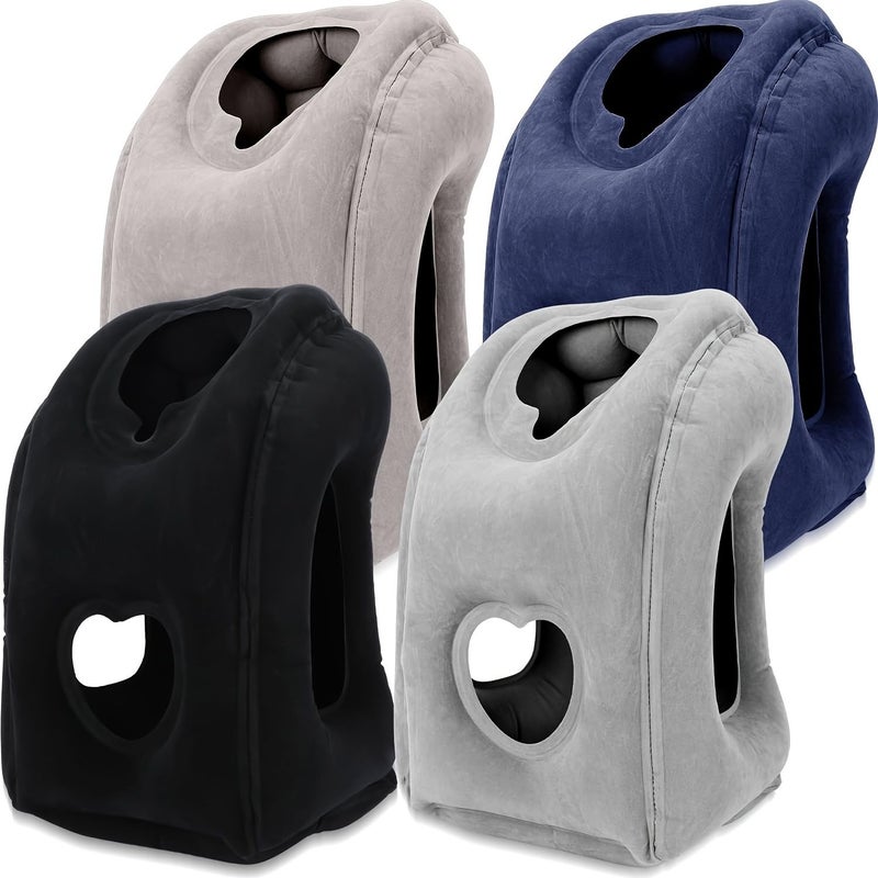1pc Inflatable Travel Pillow in Grey with Patented Valve Design Adjustable Neck Head Support Lightweight Medium Firm Ergonomic Air Pillow for Long Haul Flights Cars Buses Trains Office Napping Airplane Accessory Supportive Cushion Cozy Material Business Trips - Image 1