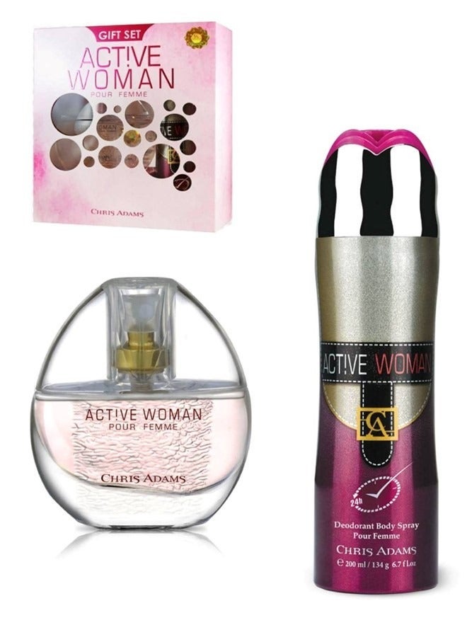 chris adams Active Woman Gift Set Energetic Long-Lasting Fragrance with 80 ML Perfume Spray and 200 ML Deodorant for Confident Women - Image 1