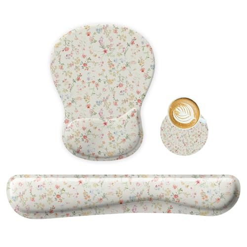 WINTOJO Wrist Rest Support for Mouse Pad Keyboard Set Circle Coaster Gaming Mouse Pad Ergonomic Gel Memory Foam Set for Computer Laptop Office Pain Relief Comfortably Typing Flowers KM39 - Image 1