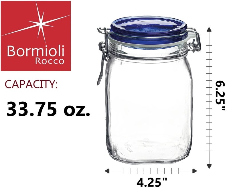 Bormioli Rocco Fido Square Jaw with Blue Lid, 33-3/4-Ounce, 33.75 Ounce, Clear - Image 2