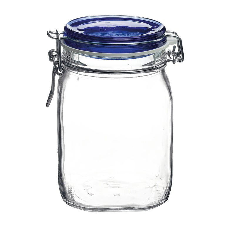 Bormioli Rocco Fido Square Jaw with Blue Lid, 33-3/4-Ounce, 33.75 Ounce, Clear - Image 1