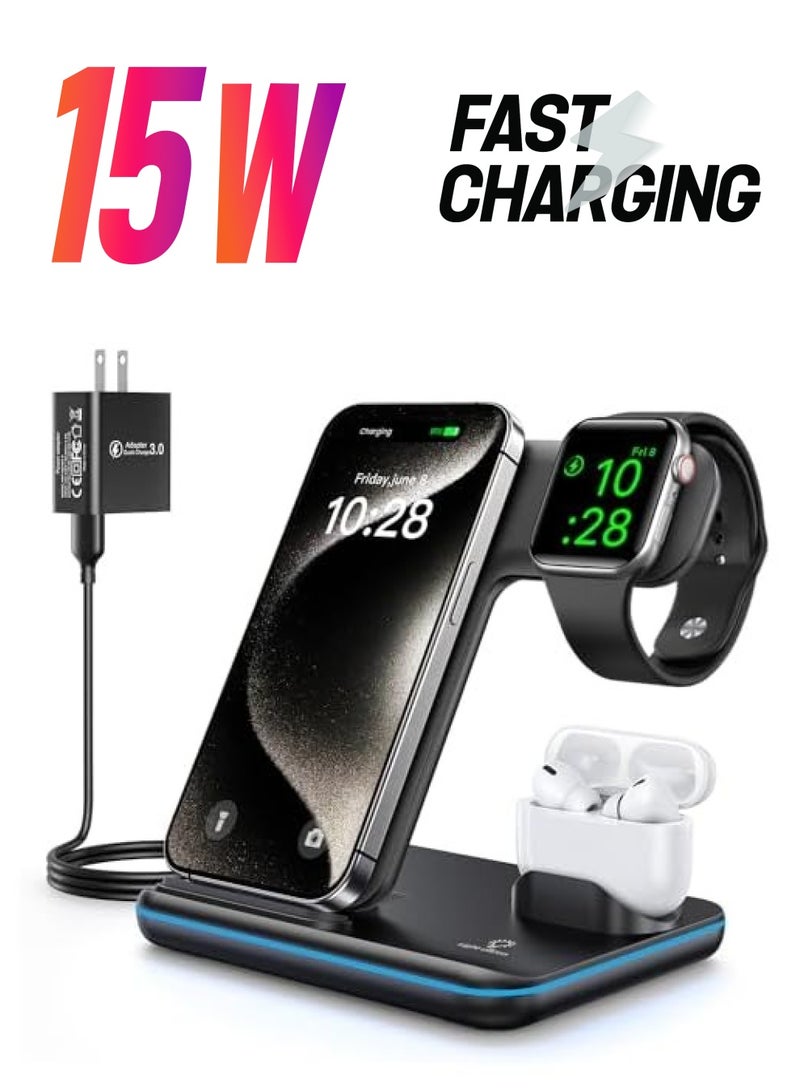 بروماس شاحن لاسلكي 3 في 1، قاعدة شحن سريعة 15 واط - Image 1