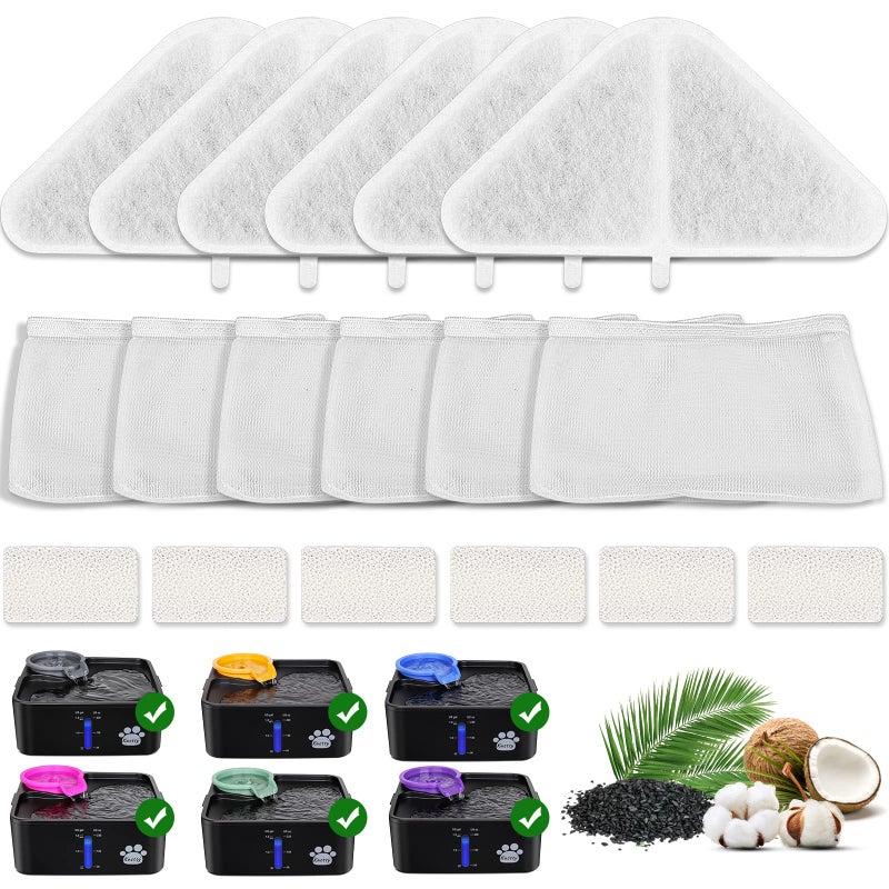 Kastty Replacement Filters for 230oz Dog Water Fountain, Made of Activated Carbon and PP Cotton, Kastty Food Grade Water Fountain Filters, 6pes Filter + 6pes Mesh + 6pes Sponge - Image 1