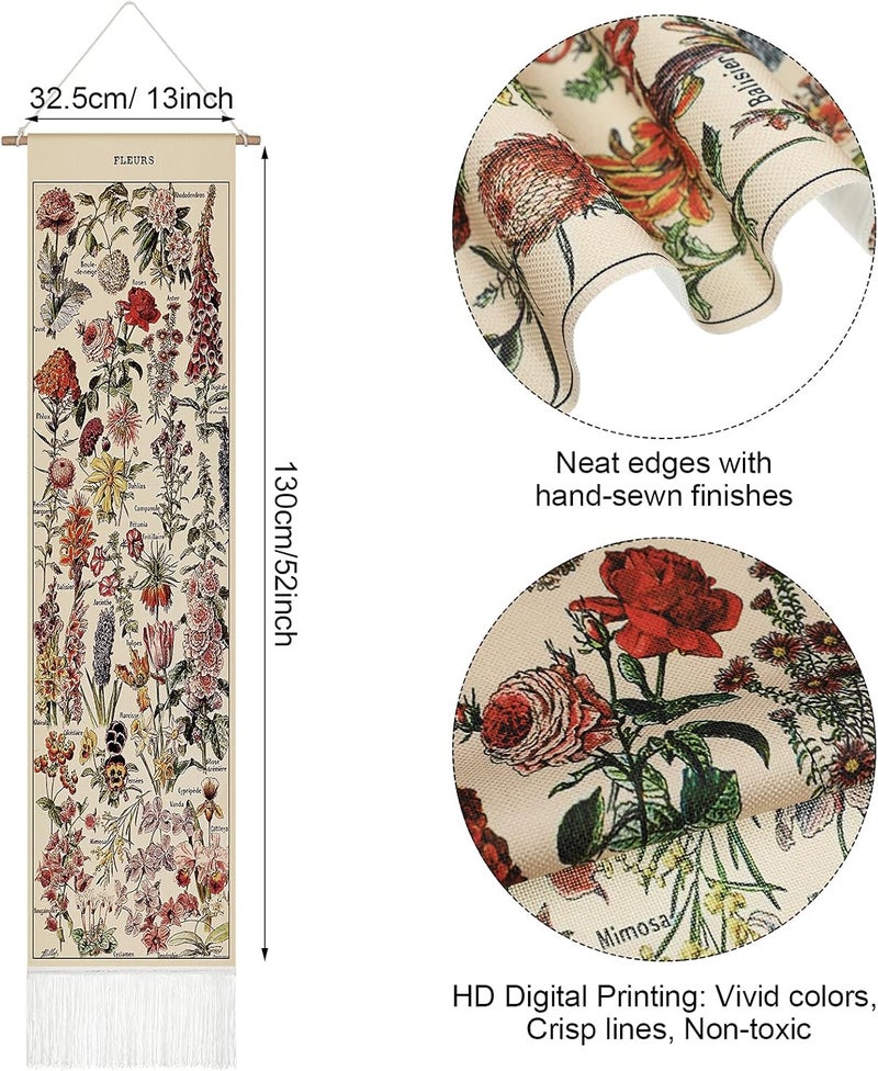 Tegeme Vintage Tapestry 52 x 13 Inch, Long Vertical Wall Hanging Reference Illustrative Botanical Tassel Tapestry for Bedroom Living Room Home Decoration(Flower) - Image 1