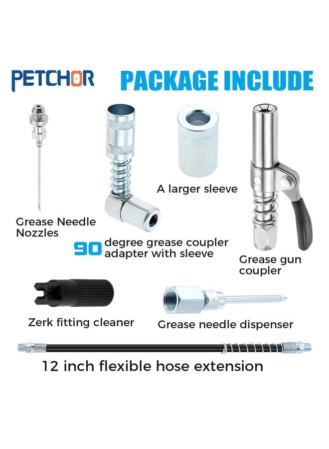 PETCHOR 8PCS Grease Gun Accessory Kit, Includes 90 Degree Grease Coupler, Needle Nozzles, Grease Gun Coupler, Grease Needle Dispenser, 12" Grease Gun Hose, Zerk Fitting Cleaner, and Adapter Sleeve - Image 2