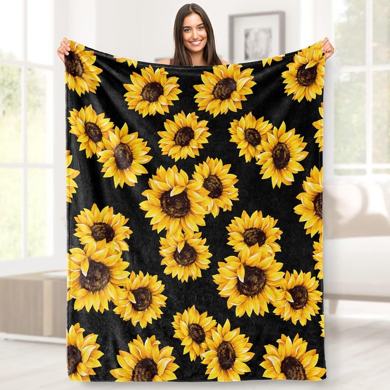 Aimego Sunflower Blankets Gifts for Women, Double-Sided Throw Blanket, Birthday Gifts for Girls, Lightweight Flannel Cozy Plush for Adult Kids, Sunflowers Girly Bedroom Decor (Black and Yellow)50x60 inch - Image 1
