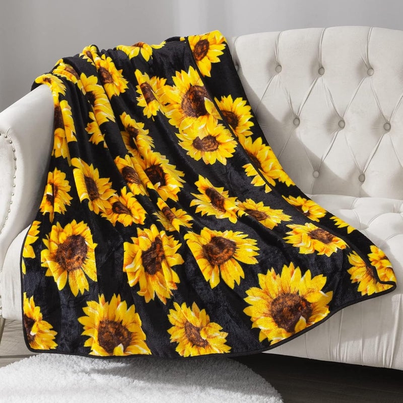 Aimego Sunflower Blankets Gifts for Women, Double-Sided Throw Blanket, Birthday Gifts for Girls, Lightweight Flannel Cozy Plush for Adult Kids, Sunflowers Girly Bedroom Decor (Black and Yellow)50x60 inch - Image 2