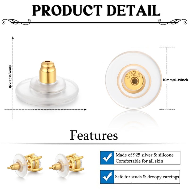 Moconar 6 PCS 14K Gold Locking Earring Backs for Studs Droopy Ears Heavy Earrings, 925 Sterling Silver Hypoallergenice Earring Backs Replacements for Women Men (Gold) - Image 4
