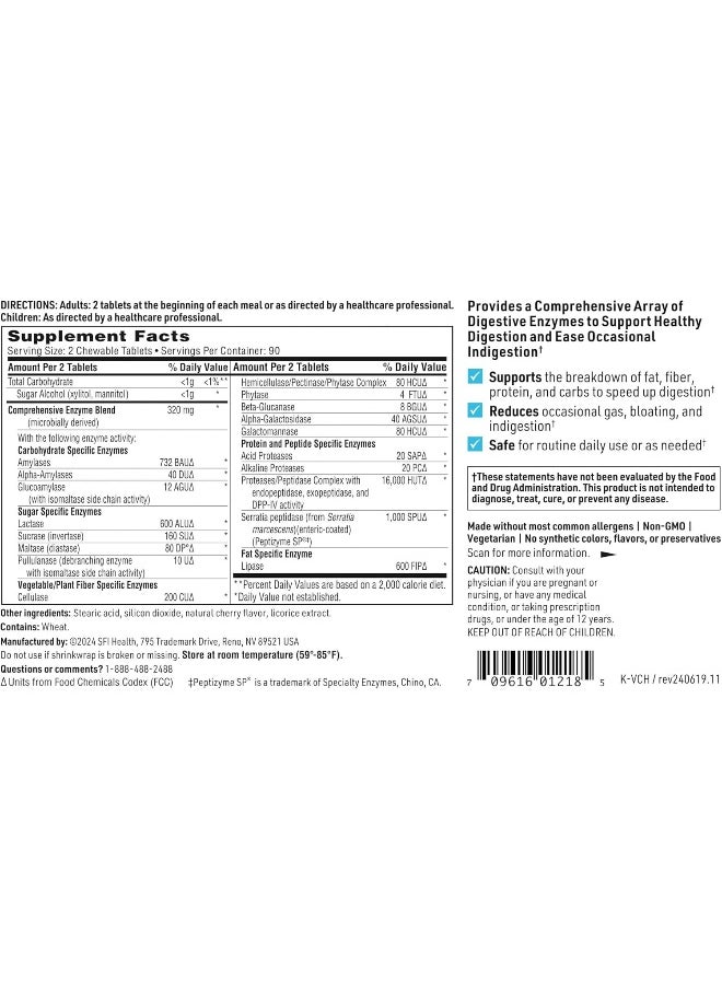 Sfi Health Vital-Zymes Chewable Digestive Enzymes For Adults & Kids - Enzymes For Digestion - Cherry-Flavored - May Help Reduce Occasional Gas, Bloating & Indigestion (180 Chewables)