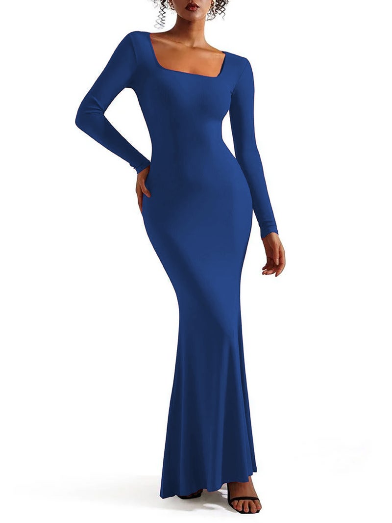 Autumn Fashion Casual Womens dress Simple Large Collar Slim-fit Elegant French Long-sleeved dress Women Blue - Image 1