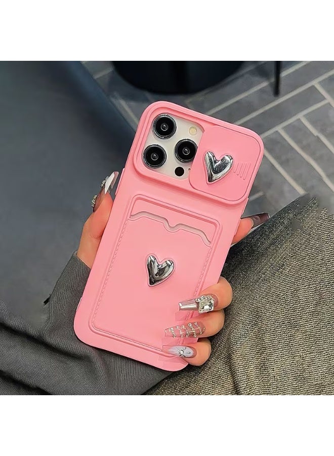 تيمو حافظة هاتف وردية ثلاثية الأبعاد بتصميم قلب وغطاء علي عدسة الكاميرا لحمايتها من الصدمات والخدوش، غطاء أنيق مناسب لهواتف أيفون تصميم إبداعي وعصري، متوافق مع ايفون 13 برو - Image 1