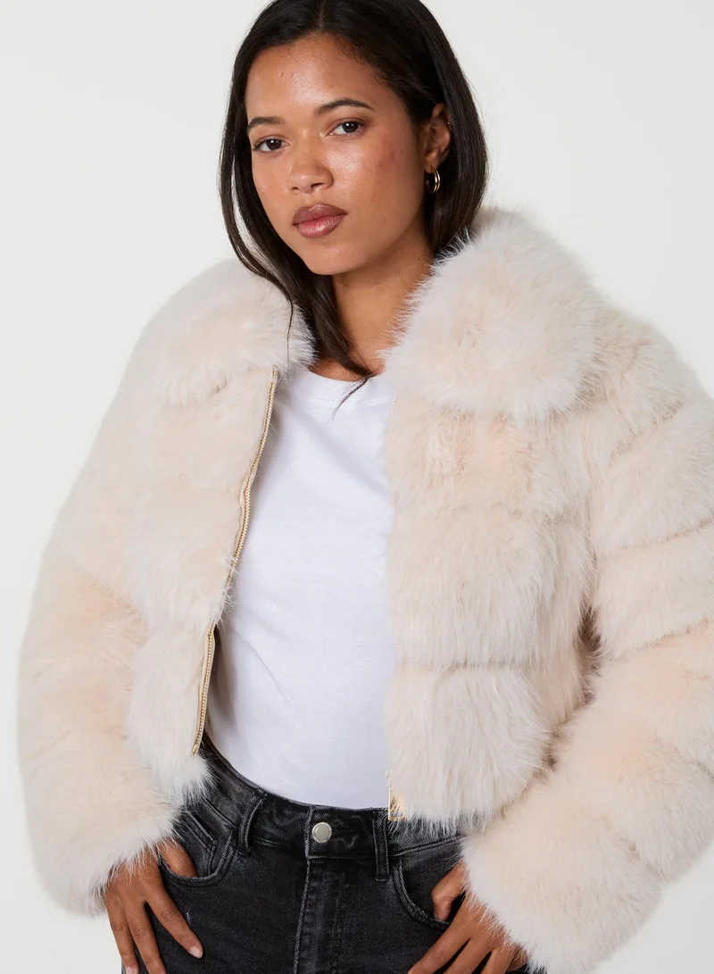 Pink Vanilla  Faux Fur Cropped Coat for Women | Best Price UAE