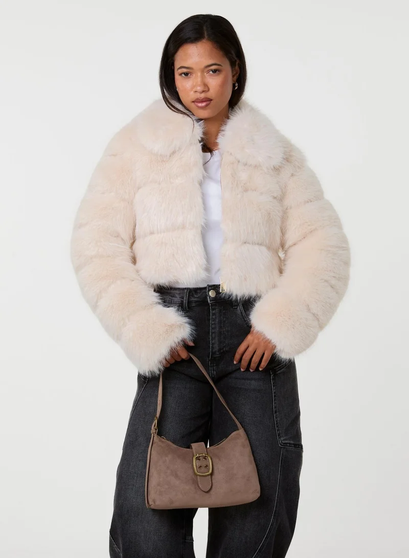 Pink Vanilla  Faux Fur Cropped Coat for Women | Best Price UAE