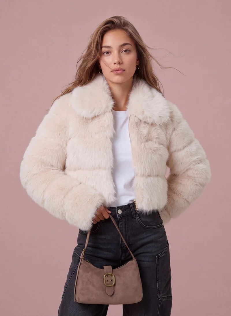 Pink Vanilla  Faux Fur Cropped Coat for Women | Best Price UAE