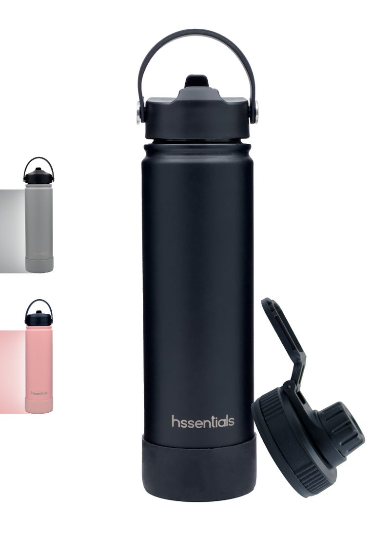 hssentials - Stainless Steel Water Bottle Flask  Double-Walled Vacuum-Insulated 2 Lids Eco-Friendly Perfect for Cold & Hot Drinks On The Go 100% Leakproof - Gym, School, Work, Travel (Onyx Black/25oz) - Image 1