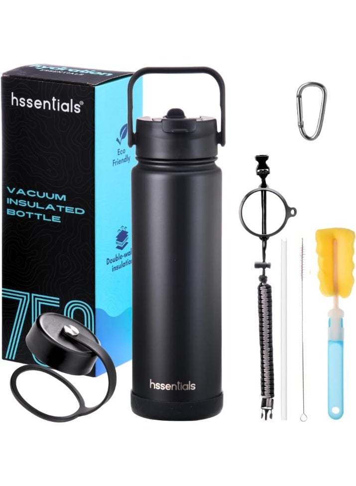 hssentials Stainless Steel Water Bottle 750ML Flask Double-Walled Vacuum-Insulated 2 Lids Eco-Friendly Perfect for Cold & Hot Drinks On The Go 100% Leakproof - Gym, School, Work, Travel (Onyx Black/25oz) - Image 1