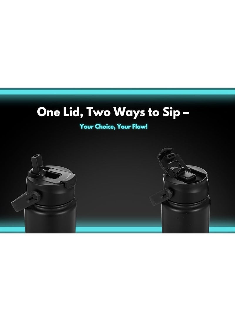 hssentials Stainless Steel Water Bottle 750ML Flask Double-Walled Vacuum-Insulated 2 Lids Eco-Friendly Perfect for Cold & Hot Drinks On The Go 100% Leakproof - Gym, School, Work, Travel (Onyx Black/25oz) - Image 4