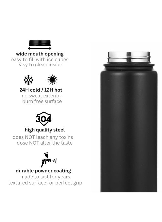 hssentials Stainless Steel Water Bottle 750ML Flask Double-Walled Vacuum-Insulated 2 Lids Eco-Friendly Perfect for Cold & Hot Drinks On The Go 100% Leakproof - Gym, School, Work, Travel (Onyx Black/25oz) - Image 3