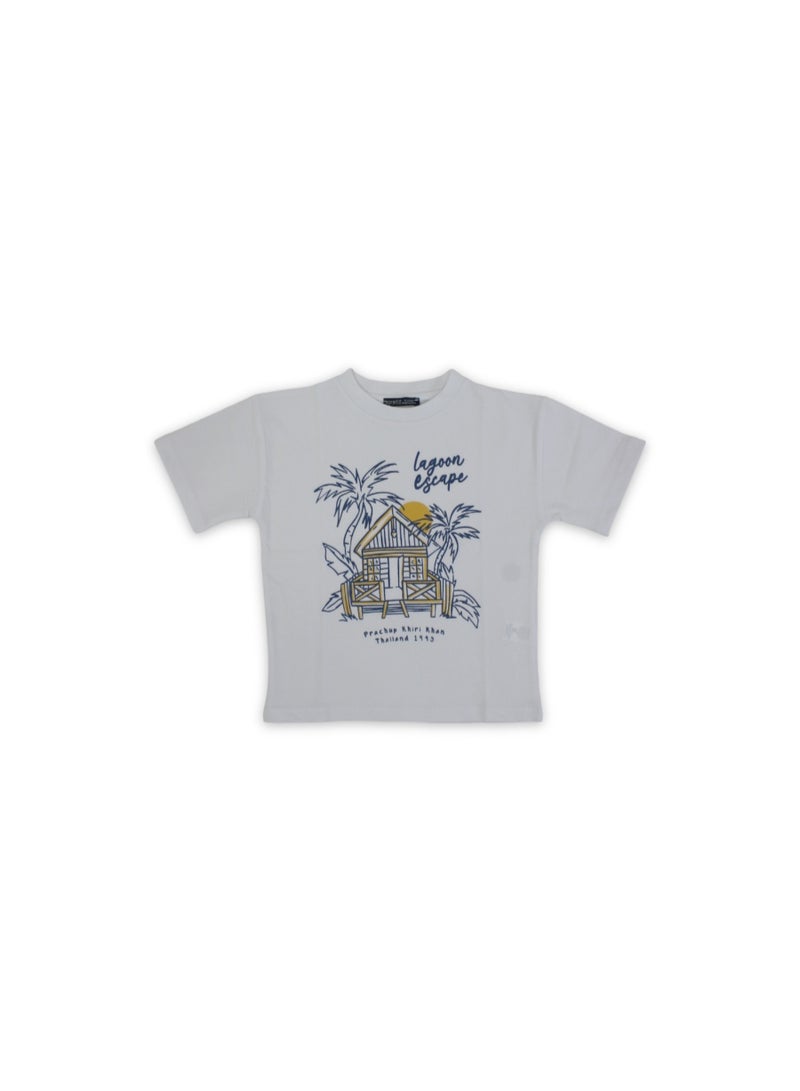 Pompelo Boys Cotton T-Shirt – White "Lagoon Escape" Print - Image 1