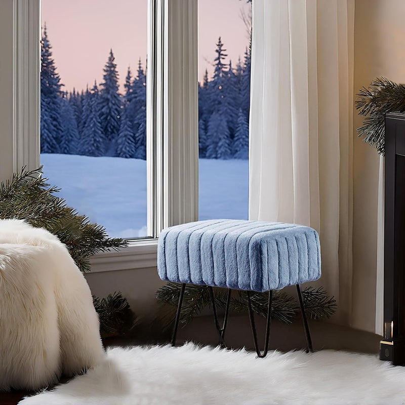 Home Soft Things Super Mink Faux Fur Blue Ottoman Bench 19" x 13" x 17", Blue Mirage, Living Room Foot Rest Stool Entryway Makeup Bench End of Bed Bedroom Home Decor Chair for Sitting - Image 4