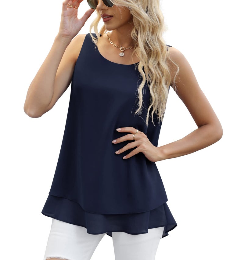 Jouica Summer Tank Tops for Women Casual Sleeveless Chiffon Blouses Top Loose Fit Layers Business Blouse,Navy Blue,X-Large - Image 1