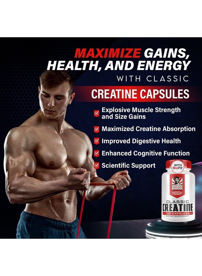 Old School Labs Creatine Monohydrate Capsules - 5000mg + BioFit™ (Max Strength) Supports Muscle Growth & Recovery, Performance, Cognitive Health - Creatine Pills for Men & Women - Made in USA + 180 V Capsules  - Image 4