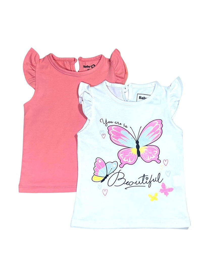 Baby Co. Pink and white Butterfly cotton t-shirts (2-Pack)  - Image 1