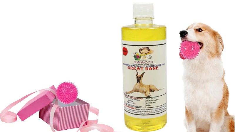 swacch Shampoo | Puppy Safe Shampoo | PH Balanced | Ditch to Itch for Great Dane Shampoo 500ml (Lemon) + Spike Ball Chew Toy Combo Pack - Image 1