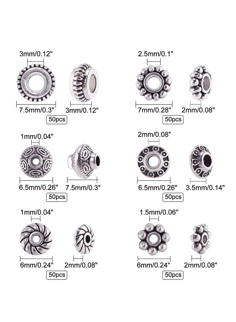 Excefore Antique Silver Spacer Beads, 300pcs 6 Style Jewelry Making Metal Alloy Jewelry Beads Tube Spacers Flower Flat Rondelle, Small Loose Beads for Bracelet Necklace Earring Jewelry Making Supplies - Image 3