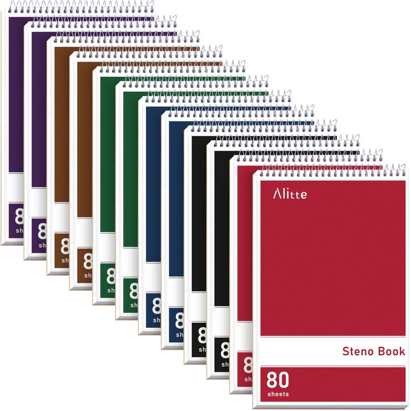 Alitte Steno Pads Spiral 6x9-12 Pack Assorted Bright Colors - Perfect for Work, School, and Home Use, Easy Tear-Off Pages, Gregg ruled, White Paper - No Ink Bleeds - 80 Sheets - Image 1